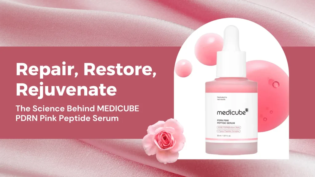 Aesthetic banner for a skincare blog or guide titled “Repair, Restore, Rejuvenate – The Science Behind MEDICUBE PDRN Pink Peptide Serum.” The design is set against a soft, luxurious pink satin fabric background, symbolizing smooth and youthful skin. On the left, bold white text emphasizes the transformative benefits of the serum. On the right, a sleek glass bottle of Medicube PDRN Pink Peptide Serum is displayed with a white dropper cap, surrounded by pink serum droplets and a delicate rose, highlighting its key ingredients: Rose PDRN (sodium DNA) and 5 types of peptide complex. The overall theme communicates scientific innovation and feminine elegance. Keywords: “Medicube pink peptide serum review,” “anti-aging skincare 2025,” “PDRN serum benefits,” “peptide-infused facial treatment,” “K-beauty skincare science.”