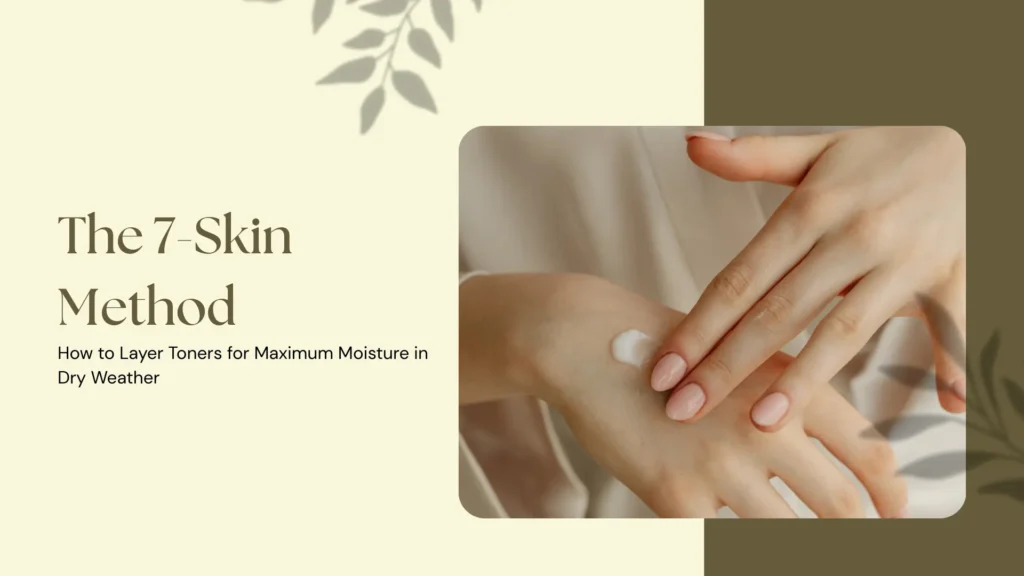 A visually elegant banner for a skincare blog or guide titled “The 7-Skin Method.” The design is split into two sections: on the left, a cream-colored background with olive green leaf silhouettes frames the text. The heading, written in a stylish serif font, reads “The 7-Skin Method,” followed by a subheading in a clean sans-serif font: “How to Layer Toners for Maximum Moisture in Dry Weather.” On the right side, a photo with rounded corners shows a close-up of a woman’s hands applying a dollop of white moisturizer or toner onto the back of her hand using her fingertips. Her nails are manicured in a natural pink shade, and she wears a soft, beige blouse. The banner visually communicates hydration, softness, and self-care, aligning with Korean skincare techniques that emphasize deep, layered moisture in arid climates.