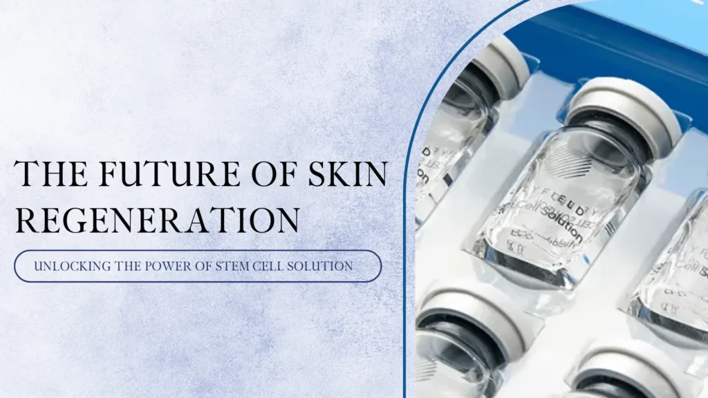 A blog or guide banner focused on advanced skincare technology, titled “The Future of Skin Regeneration.” The background features a soft, icy blue texture that evokes a sense of clinical purity and innovation. On the left side, bold serif text states the headline “The Future of Skin Regeneration,” with a subheading below in a bordered capsule that reads, “Unlocking the Power of Stem Cell Solution,” hinting at groundbreaking dermatological science. On the right, a high-resolution image of clear glass vials filled with a transparent liquid labeled “Stem Cell Solution” is displayed. The vials are neatly arranged in a clean white tray with a bright blue interior, suggesting pharmaceutical-grade quality and precision. The label on the vials shows the brand “LILYFIELD” with a subtle circular logo. The vials are capped with sleek silver tops, reinforcing a sterile, medical aesthetic. The entire composition communicates futuristic skincare, clinical effectiveness, and the promise of deep skin repair through cutting-edge stem cell-based formulations.