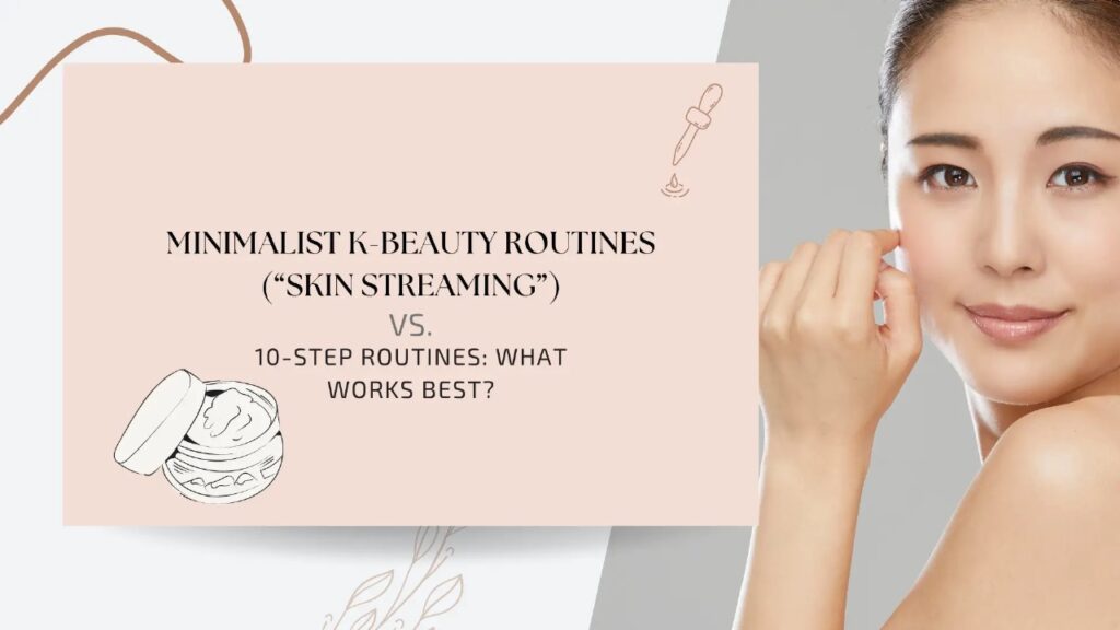 Banner for a skincare blog or guide comparing minimalist K-beauty routines with traditional 10-step regimens. The left side features a soft peach background with elegant serif and sans-serif black and gray text that reads: “Minimalist K-Beauty Routines (‘Skin Streaming’) vs. 10-Step Routines: What Works Best?” Above the text is a small minimalist dropper icon with a droplet symbolizing skincare serums. Below the text is a hand-drawn line-art illustration of an open jar of cream with visible texture, adding a playful visual cue. Decorative abstract lines and leaf motifs subtly frame the background. On the right side, a high-resolution image of a woman with flawless, glowing skin and natural makeup looks directly at the viewer, gently touching her cheek with her hand. The overall tone is soft, clean, and modern—visually emphasizing simplicity, hydration, and the evolving Korean beauty trend of “skin streaming.”