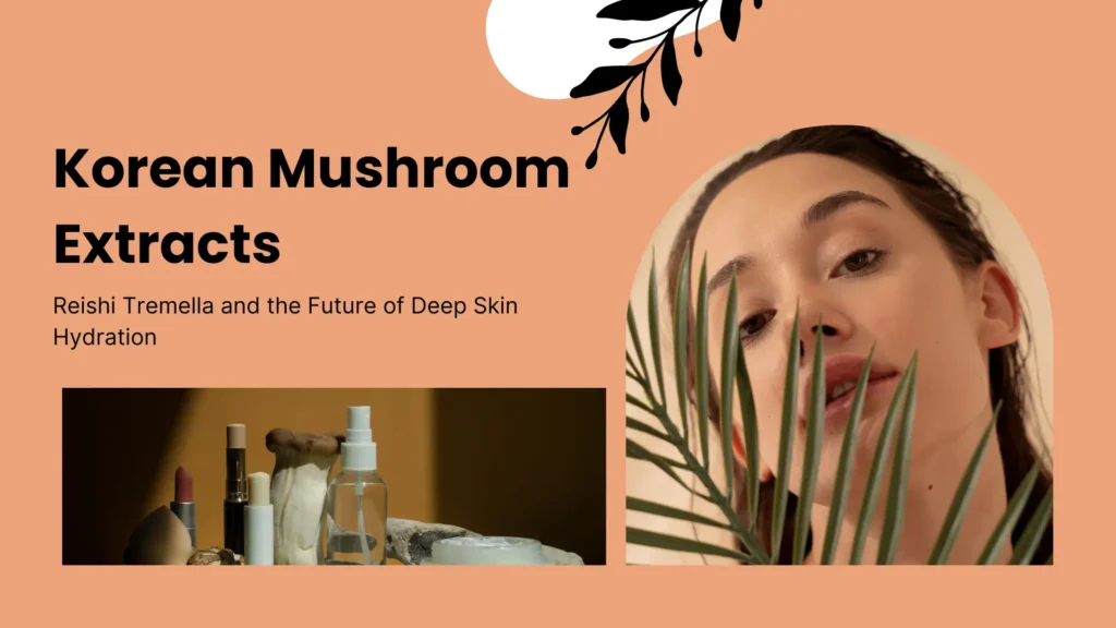 A skincare blog banner titled "Korean Mushroom Extracts: Reishi Tremella and the Future of Deep Skin Hydration." The layout uses a warm peach and terracotta color palette. On the bottom left, a rectangular photo shows various skincare bottles, creams, and a large King Oyster mushroom. On the right, an arched photo features a woman’s face partially obscured by a green palm leaf, emphasizing natural beauty and hydration.