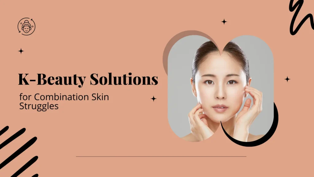 A horizontal blog banner with a warm peach background featuring a young East Asian woman with glowing, clear skin touching her face. The text on the left reads "K-Beauty Solutions for Combination Skin Struggles" in a sophisticated black serif font. Decorative elements include minimalist black stars, a stylized black "S" curve in the top right, and an icon of a face with a headband and circular arrows in the top left.