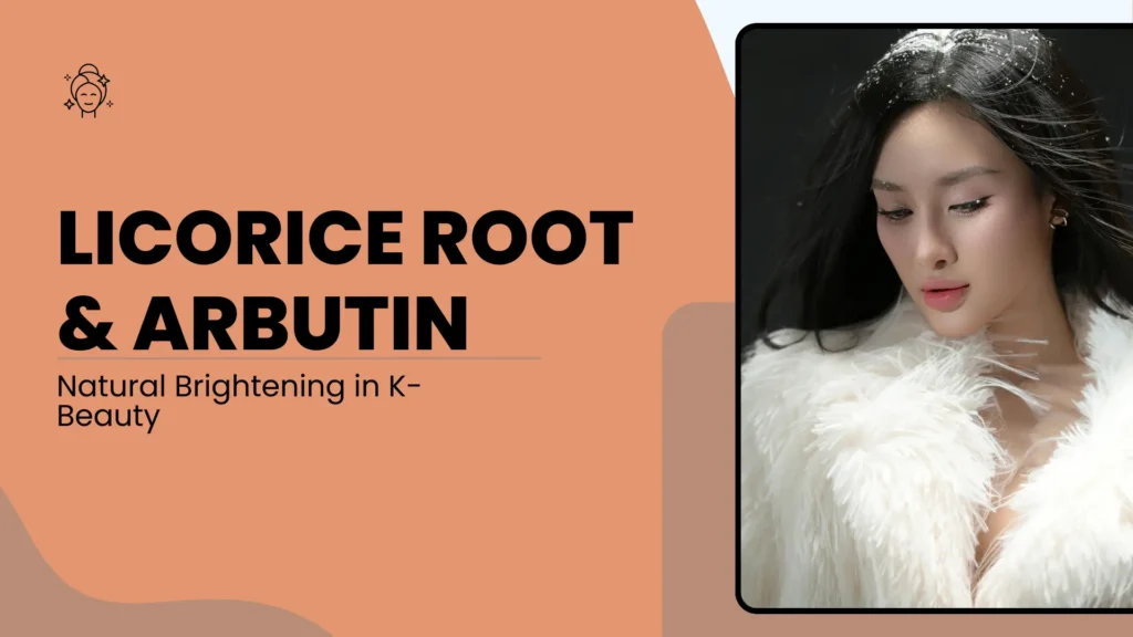 A professional K-beauty blog banner with a warm, peach-colored background and organic curved shapes. On the left, bold black text reads "LICORICE ROOT & ARBUTIN" with a subtitle "Natural Brightening in K-Beauty." A minimalist line art icon of a woman with glowing skin and stars is in the top left corner. On the right, a high-fashion portrait shows an East Asian woman with long dark hair, wearing a white faux-fur coat, looking downward with a soft, ethereal expression under faint falling snow.