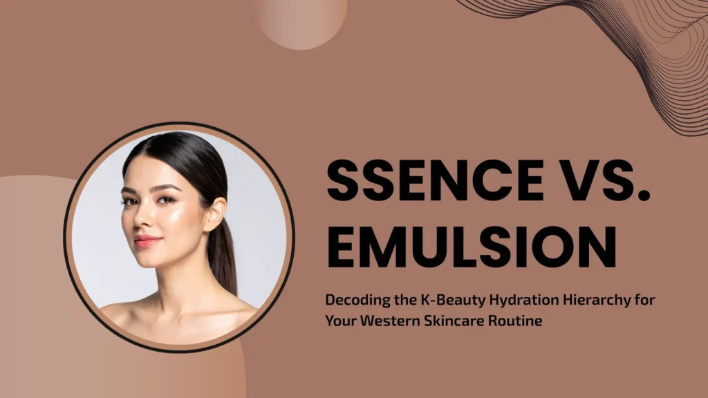 A horizontal blog banner with a warm, earthy brown and tan color palette featuring abstract organic shapes and thin wavy line patterns. On the left, a circular inset shows a young woman with glowing skin and dark hair pulled back. To the right, large bold black text reads "ESSENCE VS. EMULSION" followed by a subheadline in a smaller font: "Decoding the K-Beauty Hydration Hierarchy for Your Western Skincare Routine."