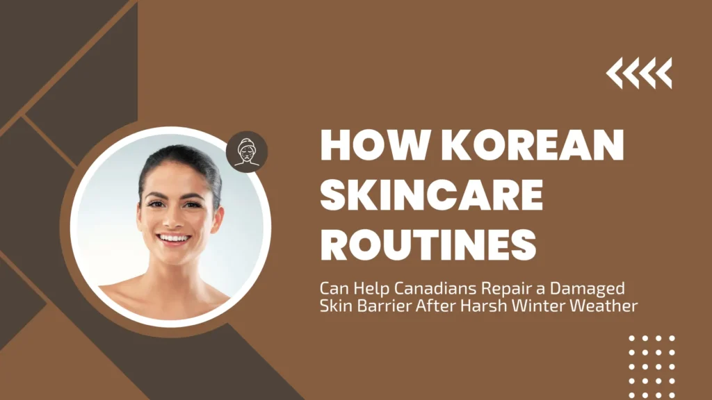 A warm, brown-toned banner titled "How Korean Skincare Routines Can Help Canadians Repair a Damaged Skin Barrier After Harsh Winter Weather". It features a circular portrait of a smiling woman with clear, glowing skin, alongside a small icon representing skin concerns and decorative geometric patterns.