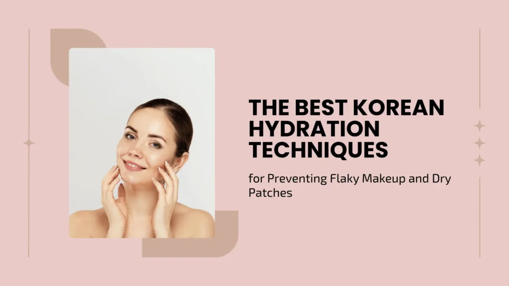 A horizontal blog banner with a soft dusty pink background. On the left, a rectangular photo showcases a smiling woman with clean, radiant, and hydrated skin, gently touching her face with both hands against a crisp white background. Organic, abstract beige shapes frame the top-left and bottom-right corners of her photo. On the right side, the main bold text reads "THE BEST KOREAN HYDRATION TECHNIQUES" in large black capital letters, followed by the subtext "for Preventing Flaky Makeup and Dry Patches" in a smaller, clean sans-serif font. The layout is accented with delicate minimalist design elements, including fine vertical lines on the far edges and three small starburst icons on the right.