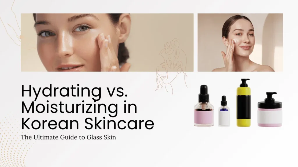 K-beauty skincare blog banner titled "Hydrating vs. Moisturizing in Korean Skincare - The Ultimate Guide to Glass Skin." The banner features an elegant, minimalist aesthetic with two soft-focused photos of a woman applying skincare products to her face. Below a delicate brown line-art illustration of a woman's profile, a row of four unbranded skincare bottles—including glass dropper pipettes, a yellow pump bottle, and a pink cream jar—is displayed against a clean cream-white background.