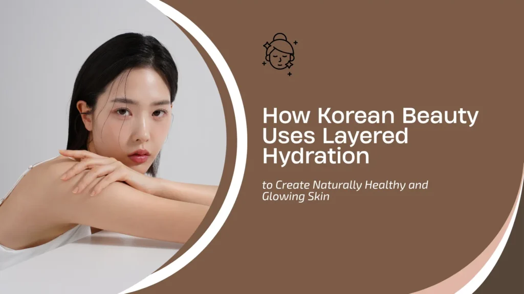 Skincare and beauty blog graphic with a warm brown and white curved split design. The left side shows a close-up portrait of an East Asian woman with glowing, dewy skin leaning her arms on a surface. The right side features a minimal face skincare icon and white text reading "How Korean Beauty Uses Layered Hydration" above "to Create Naturally Healthy and Glowing Skin".